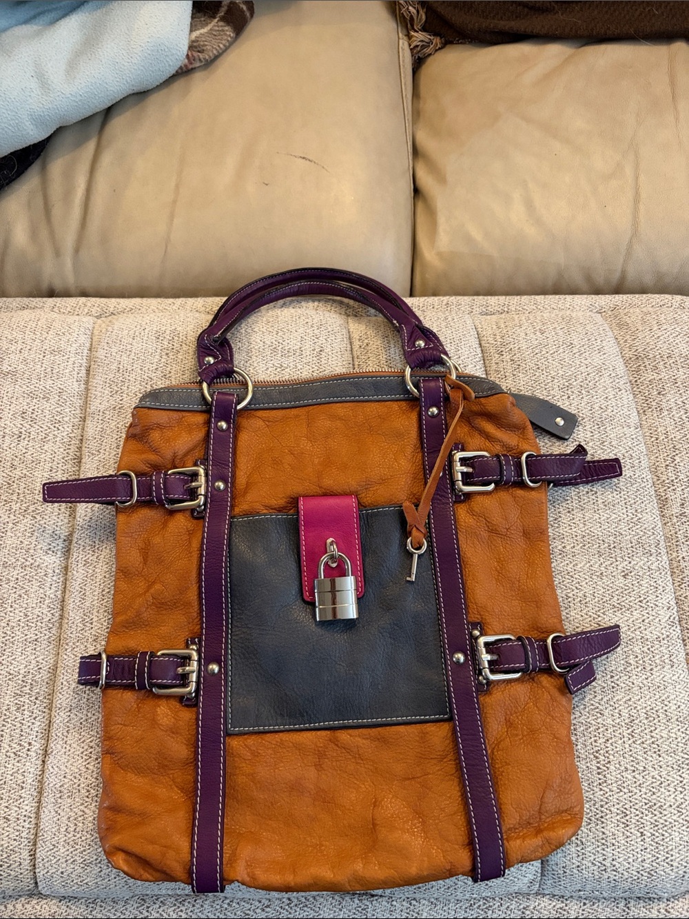 Leather Tote Bag in Cognac, Plum and Black with Lock Accent